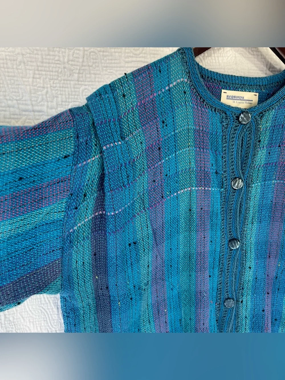 Vintage Handwoven Cardigan Sweater by M Lynette Holmes Handmade Cotton Tweed L